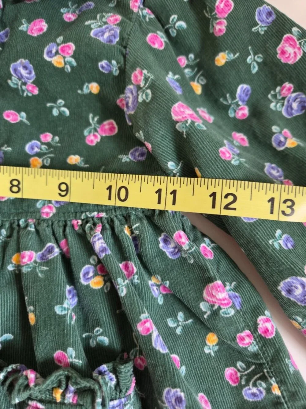Vtg OshKosh Bgosh Green Floral Corduroy Dress 2T Long Sleeve Ruffled Buttons